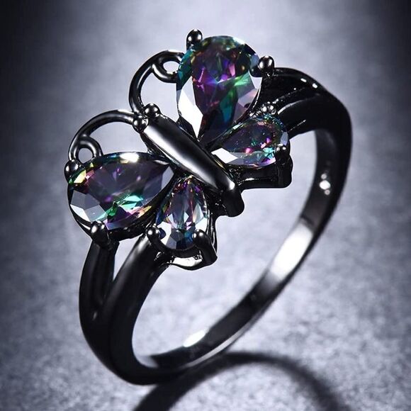 Black Gold and Rainbow Diamond Austrian Crystal Gothic Style Butterfly Ring - Picture 4 of 5